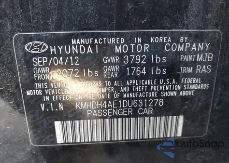 2013 Hyundai Elantra Limited из США, поврежденный, VIN KMHDH4AE1DU631278
